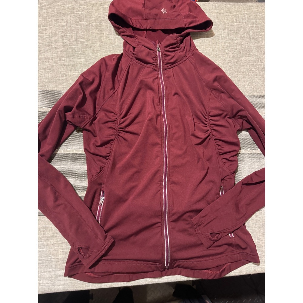 Athleta Burgundy Ruched Athletic Jacket Hoodie Thumbholes Zip Pockets Women's M